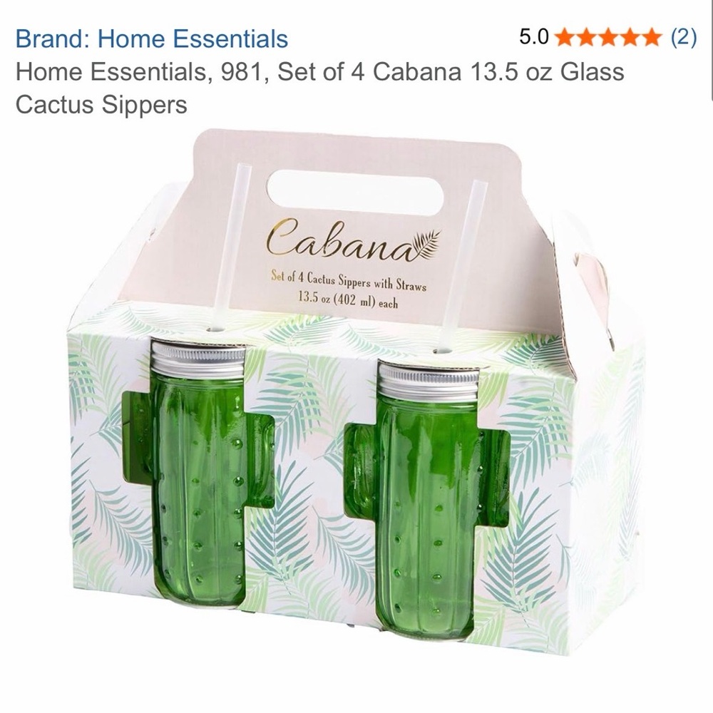 🌵 NWT Home Essentials Green Cactus Glass Sippers w/straws  13.5 oz / 402 ml.